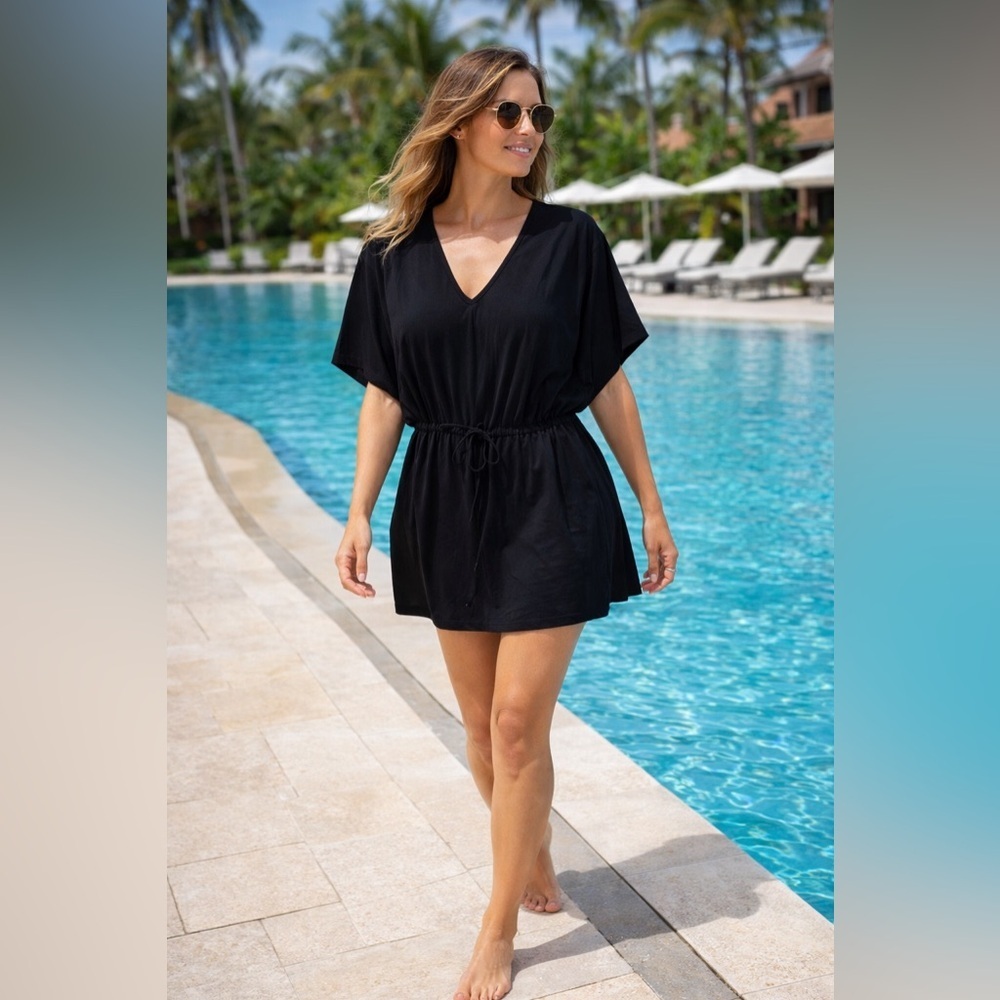 CATALINA Y2K Beach Cover-Up Black Sheer Stripe V-Neck Flattering Feminine Sz Lg